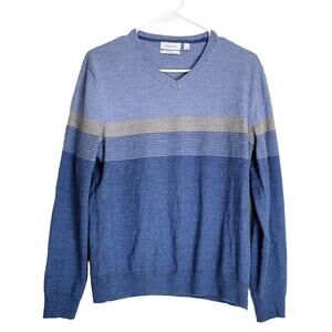 Calvin Klein Sweater Women's Large Blue V-Neck Merino Wool Blend Ombre Stripe
